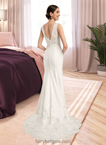 Rayna Sheath/Column V-neck Court Train Wedding Dress With Sequins XXCP0013807