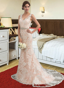 Iliana Trumpet/Mermaid V-neck Chapel Train Tulle Lace Wedding Dress With Beading XXCP0013810