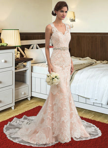 Iliana Trumpet/Mermaid V-neck Chapel Train Tulle Lace Wedding Dress With Beading XXCP0013810