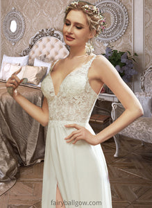 Kenna A-Line V-neck Floor-Length Wedding Dress With Lace Split Front XXCP0013815