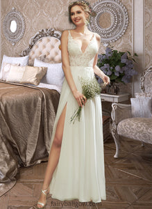 Kenna A-Line V-neck Floor-Length Wedding Dress With Lace Split Front XXCP0013815