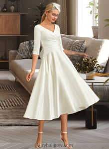 Marley A-Line V-neck Tea-Length Satin Wedding Dress XXCP0013817