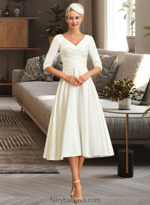 Marley A-Line V-neck Tea-Length Satin Wedding Dress XXCP0013817