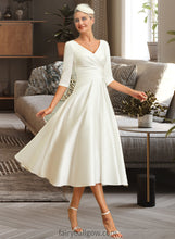 Load image into Gallery viewer, Marley A-Line V-neck Tea-Length Satin Wedding Dress XXCP0013817