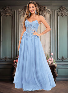 Mariela Ball-Gown/Princess V-Neck Floor-Length Tulle Prom Dresses With Sequins Appliques Lace XXCP0025837