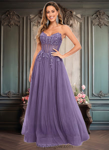 Mariela Ball-Gown/Princess V-Neck Floor-Length Tulle Prom Dresses With Sequins Appliques Lace XXCP0025837