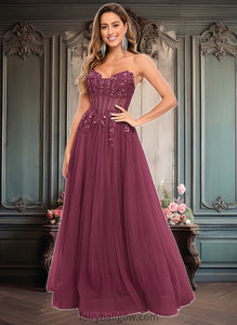 Mariela Ball-Gown/Princess V-Neck Floor-Length Tulle Prom Dresses With Sequins Appliques Lace XXCP0025837