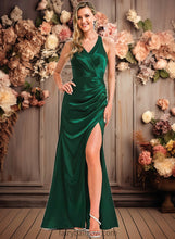 Load image into Gallery viewer, Melanie A-line V-Neck Floor-Length Stretch Satin Bridesmaid Dress XXCP0025746