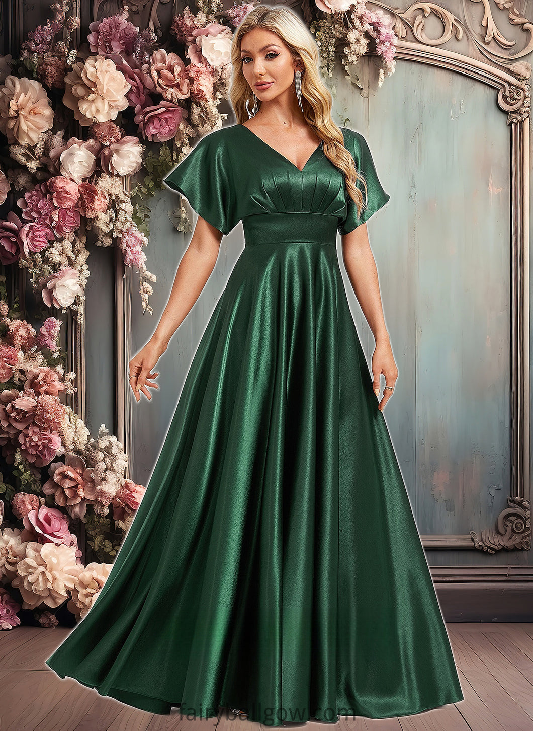 Kendra A-line V-Neck Floor-Length Stretch Satin Bridesmaid Dress XXCP0025782