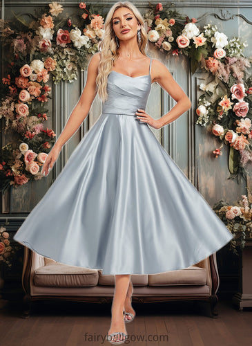 Libby A-line V-Neck Tea-Length Satin Bridesmaid Dress XXCP0025794