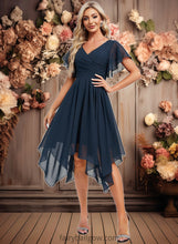 Load image into Gallery viewer, Tamia A-line V-Neck Asymmetrical Chiffon Bridesmaid Dress With Ruffle XXCP0025804