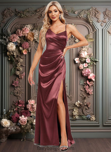 Joy A-line Asymmetrical Floor-Length Stretch Satin Bridesmaid Dress XXCP0025828