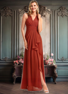 Rebekah A-line V-Neck Floor-Length Chiffon Bridesmaid Dress With Ruffle XXCP0025754