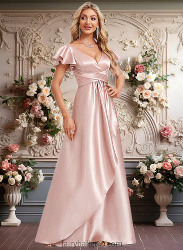 Parker A-line V-Neck Floor-Length Stretch Satin Bridesmaid Dress With Ruffle XXCP0025787