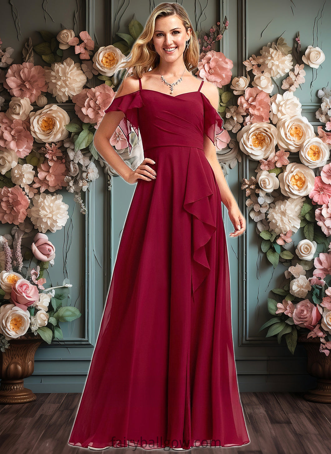 Sarah A-line Cold Shoulder Floor-Length Chiffon Bridesmaid Dress With Ruffle XXCP0025755