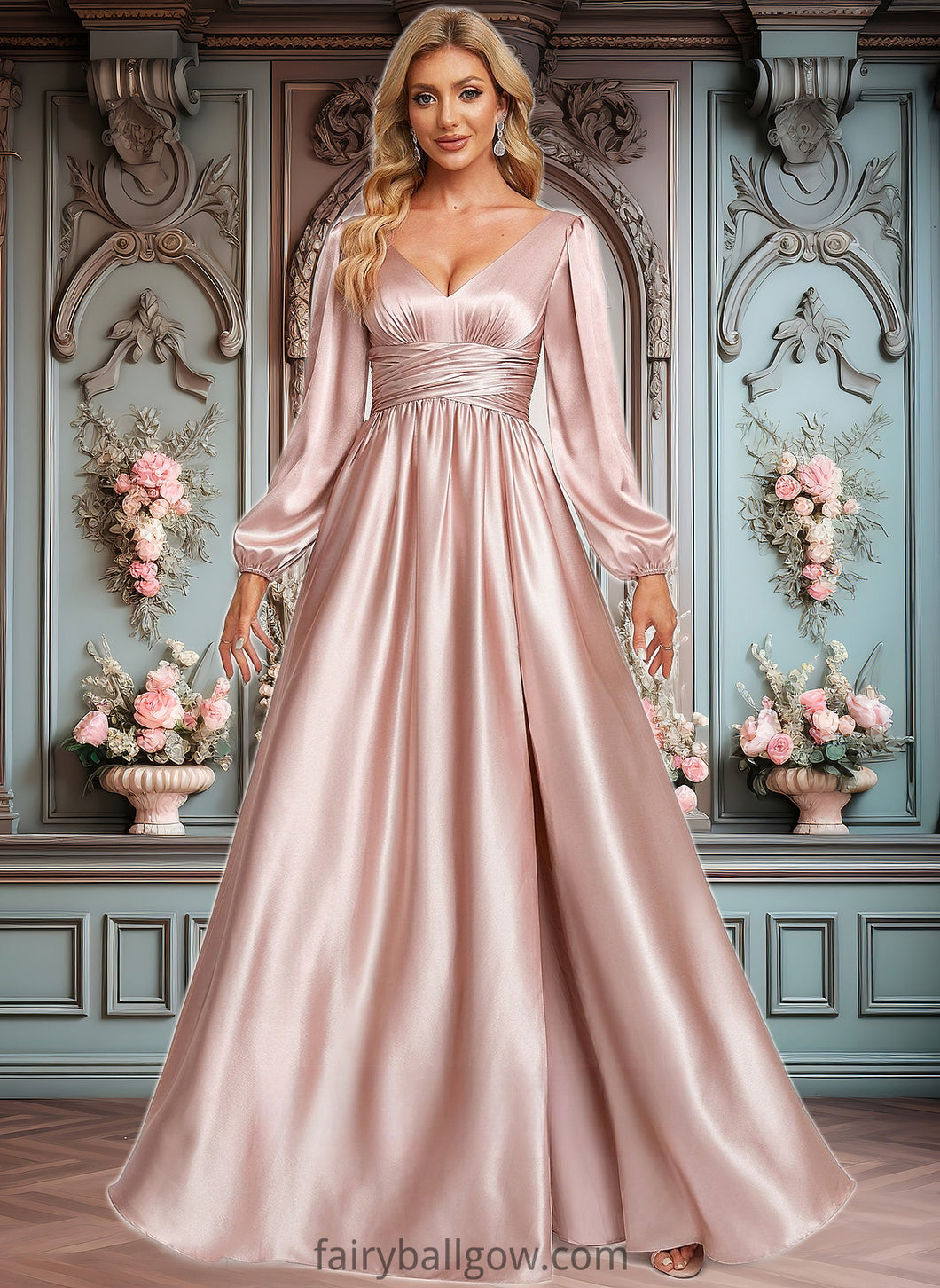 Gemma A-line V-Neck Floor-Length Stretch Satin Prom Dresses XXCP0025880