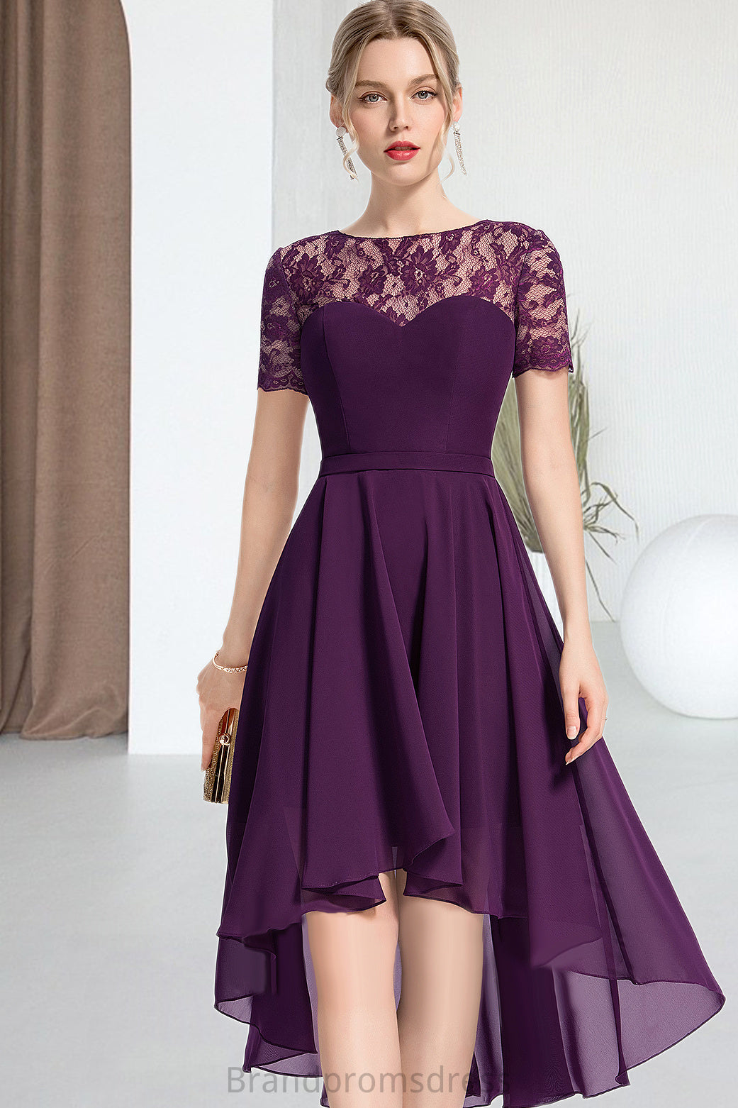 Selina A-line Scoop Asymmetrical Chiffon Lace Homecoming Dress XXCP0020587