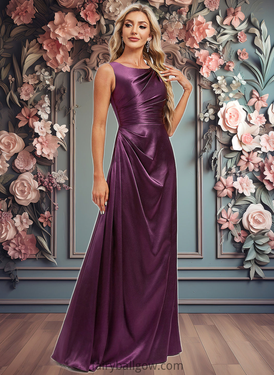 Joyce A-line Scoop Floor-Length Stretch Satin Bridesmaid Dress XXCP0025829