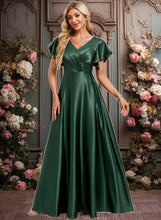 Load image into Gallery viewer, Abigayle A-line V-Neck Floor-Length Stretch Satin Bridesmaid Dress With Ruffle XXCP0025773