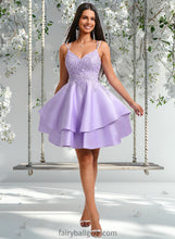 Load image into Gallery viewer, Addisyn A-line V-Neck Short Satin Homecoming Dress With Appliques Lace XXCP0025692