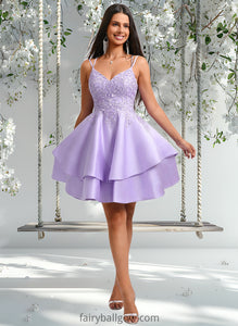 Addisyn A-line V-Neck Short Satin Homecoming Dress With Appliques Lace XXCP0025692