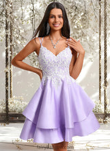 Load image into Gallery viewer, Nevaeh A-line V-Neck Short Satin Homecoming Dress With Appliques Lace XXCP0025696