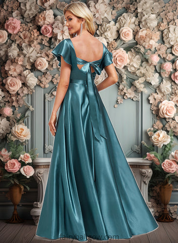 Paloma A-line V-Neck Floor-Length Stretch Satin Bridesmaid Dress With Ruffle XXCP0025780