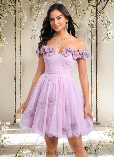 Shannon Ball-Gown/Princess Off the Shoulder Short Tulle Homecoming Dress With Pleated Flower XXCP0025668