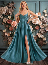 Load image into Gallery viewer, Araceli A-line V-Neck Floor-Length Stretch Satin Bridesmaid Dress XXCP0025786