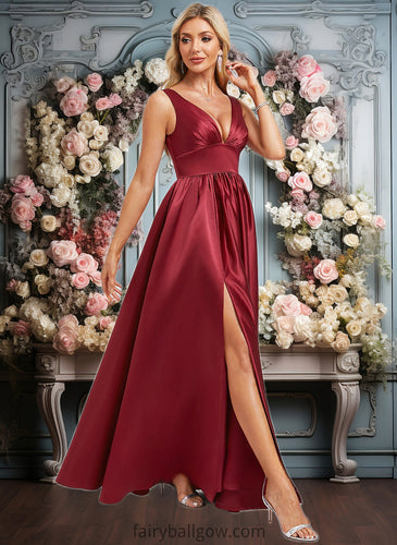 Elise A-line V-Neck Floor-Length Satin Bridesmaid Dress XXCP0025775