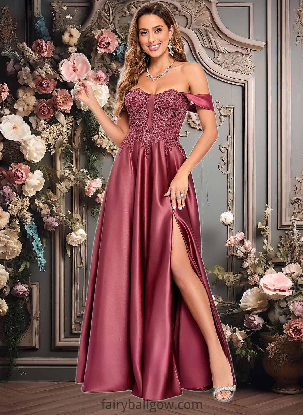 Jaidyn A-line Off the Shoulder Floor-Length Satin Lace Prom Dresses With Sequins XXCP0025841