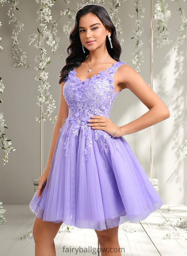 Akira Ball-Gown/Princess V-Neck Short Lace Tulle Homecoming Dress With Flower XXCP0025656