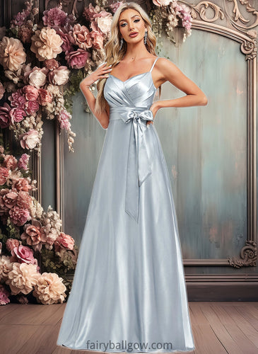 Mikaela A-line V-Neck Floor-Length Stretch Satin Bridesmaid Dress XXCP0025795