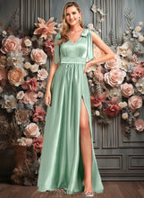 Load image into Gallery viewer, Dahlia A-line V-Neck Floor-Length Stretch Satin Bridesmaid Dress With Bow XXCP0025737