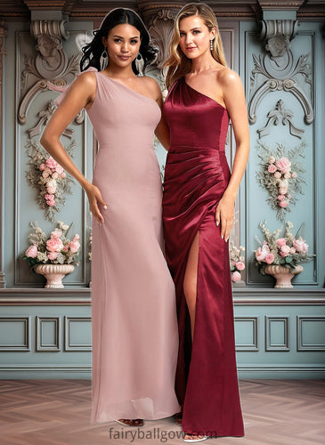 Stacy A-line One Shoulder Floor-Length Chiffon Bridesmaid Dress With Bow XXCP0025748