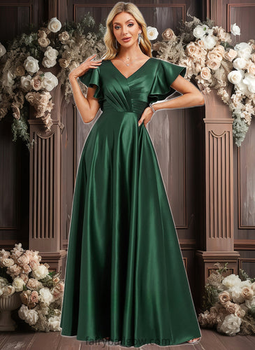 Genevieve A-line V-Neck Floor-Length Satin Bridesmaid Dress With Ruffle XXCP0025777