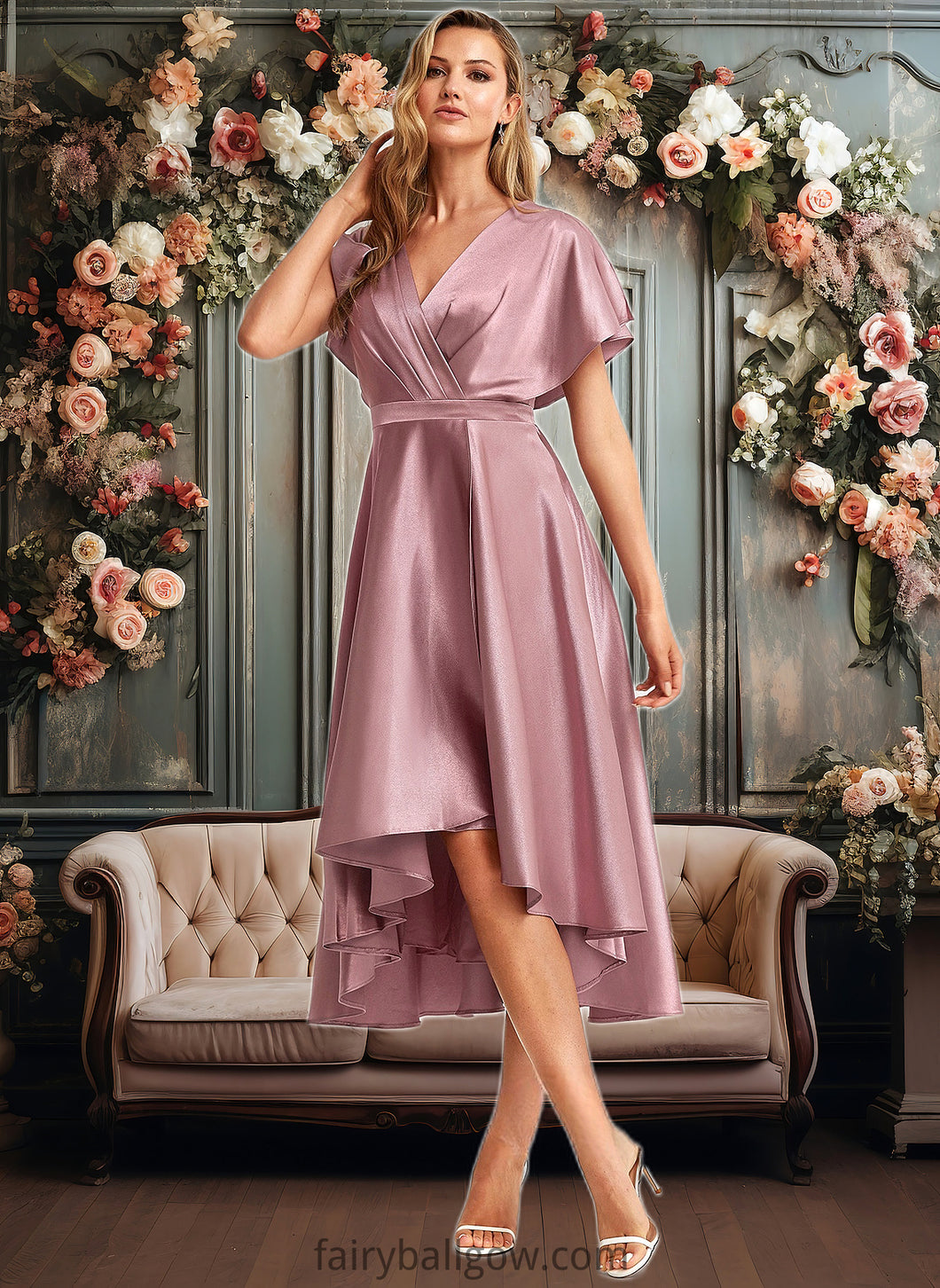 Sarah A-line V-Neck Asymmetrical Stretch Satin Bridesmaid Dress XXCP0025752