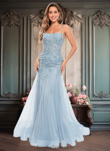 Prudence Trumpet/Mermaid Straight Sweep Train Tulle Prom Dresses With Flower XXCP0025866