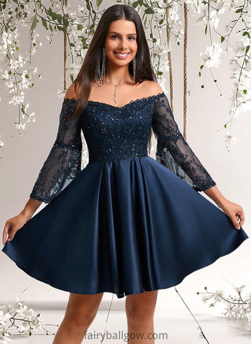 Kaia A-line Off the Shoulder Short Satin Homecoming Dress With Sequins XXCP0025651