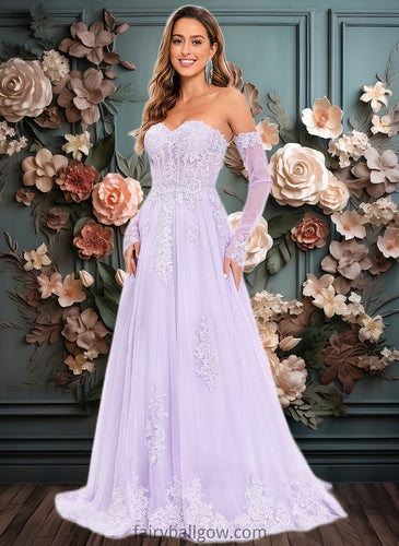 Val A-line Sweetheart Sweep Train Tulle Prom Dresses With Sequins Appliques Lace XXCP0025856