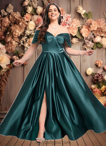 Kailey A-line Off the Shoulder Floor-Length Satin Prom Dresses With Pleated XXCP0025851