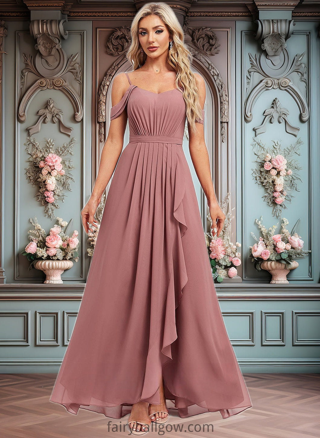 Lainey A-line Cold Shoulder Asymmetrical Chiffon Bridesmaid Dress XXCP0025823