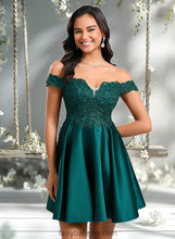 Load image into Gallery viewer, Mylee A-line Off the Shoulder Short Lace Satin Homecoming Dress With Rhinestone XXCP0025718