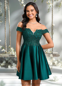 Mylee A-line Off the Shoulder Short Lace Satin Homecoming Dress With Rhinestone XXCP0025718