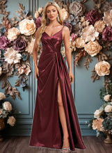 Load image into Gallery viewer, Sydnee A-line V-Neck Floor-Length Stretch Satin Bridesmaid Dress With Ruffle XXCP0025785