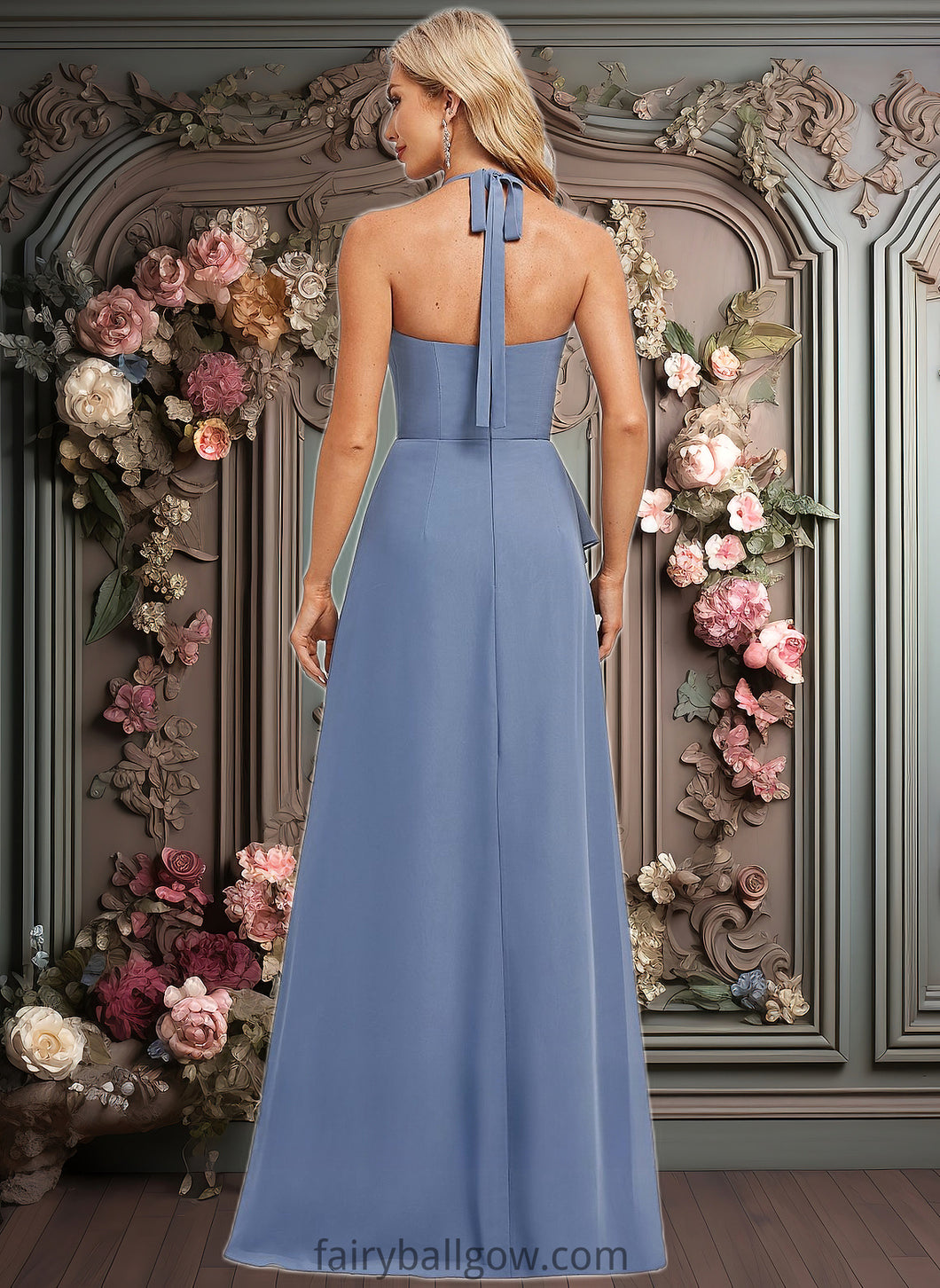 Paulina A-line Halter Floor-Length Chiffon Bridesmaid Dress XXCP0025799