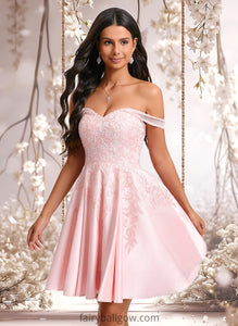 Sylvia A-line Off the Shoulder Short Satin Homecoming Dress With Rhinestone Beading Appliques Lace XXCP0025679