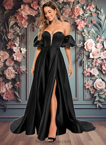 Maureen A-line V-Neck Sweep Train Satin Prom Dresses XXCP0025842