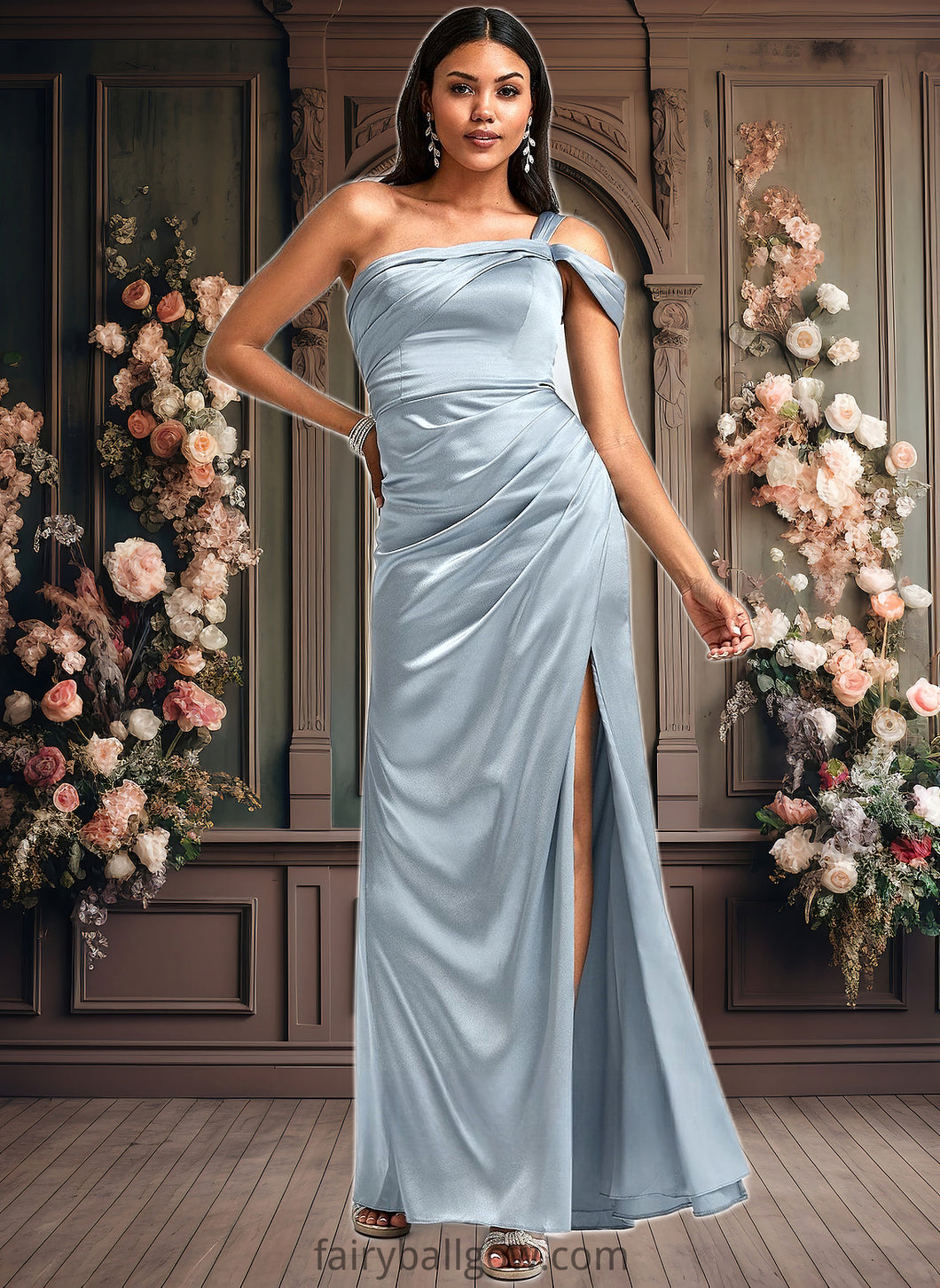 Saniyah A-line One Shoulder Floor-Length Stretch Satin Bridesmaid Dress XXCP0025725