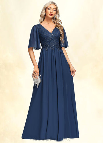 Victoria A-line V-Neck Floor-Length Chiffon Lace Mother of the Bride Dress With Sequins XXC126P0021888